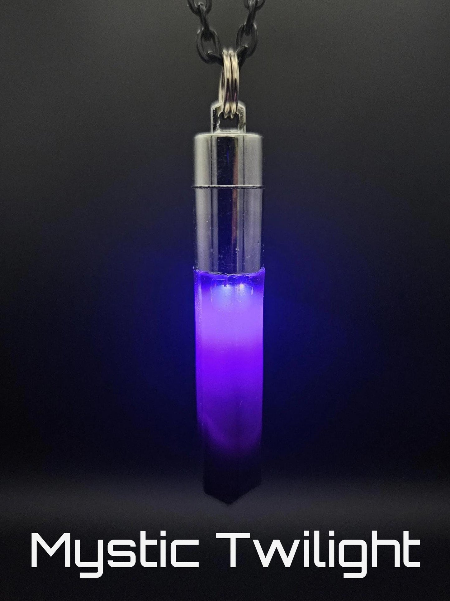 Glo Nova “Mystic Twilight” LED pendant necklace with deep purple and black glow—handcrafted epoxy crystal jewelry for raves, cosplay, and night festivals.