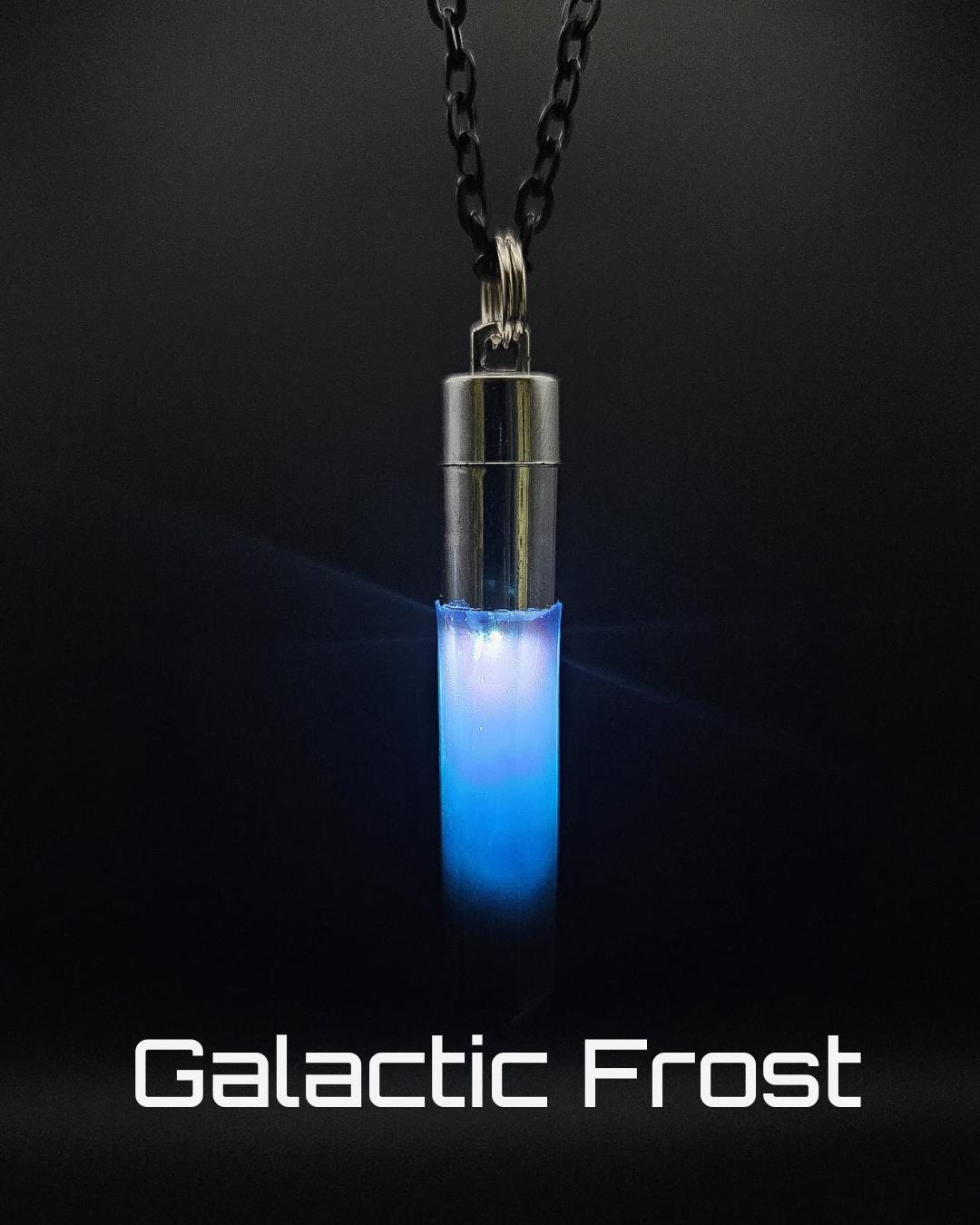 Glo Nova “Galactic Frost” LED crystal pendant necklace — icy blue glow jewelry perfect for raves, cosmic cosplay, and futuristic fashion statements.