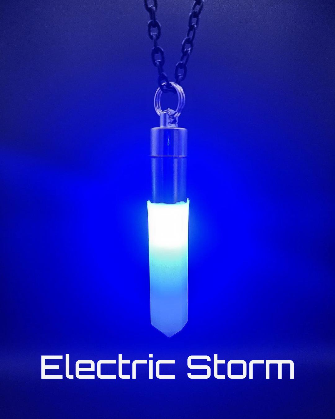 Glo Nova “Electric Storm” LED pendant necklace — vibrant electric blue crystal glow jewelry for raves, EDM festivals, and cosplay outfits.
