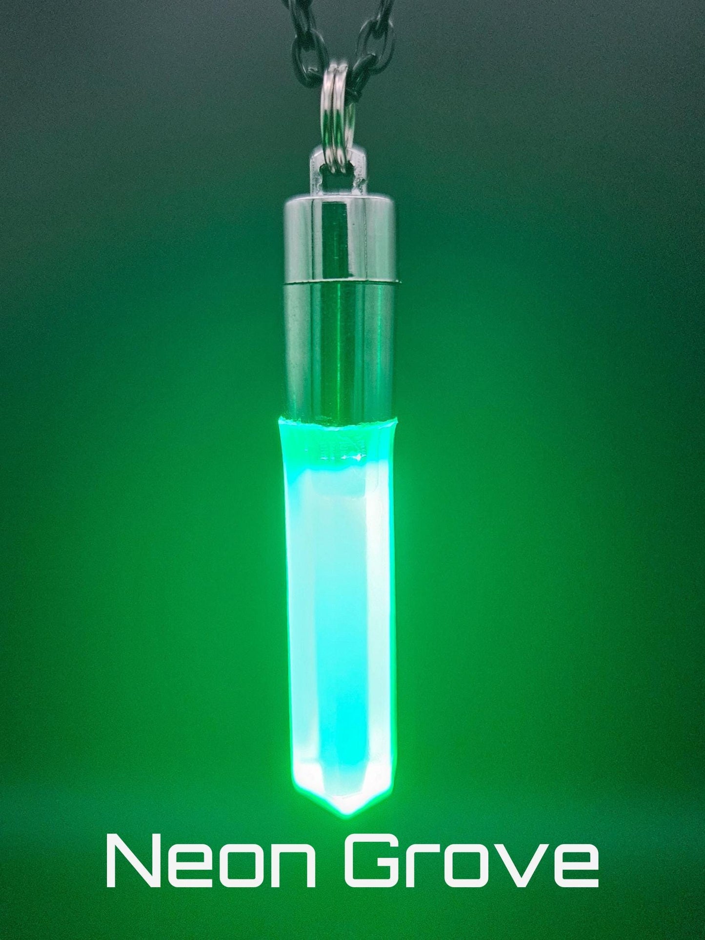 Glo Nova “Neon Grove” glowing green LED pendant necklace — bright forest-inspired crystal jewelry for raves, EDM festivals, and cosplay fashion.