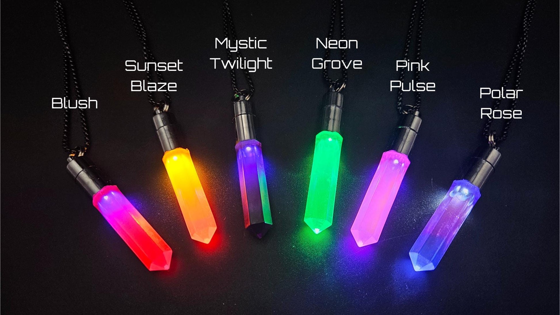 Glo Nova LED glow pendant collection with six vibrant epoxy crystal necklaces—Blush, Sunset Blaze, Mystic Twilight, Neon Grove, Pink Pulse, and Polar Rose—perfect for raves, festivals, cosplay events, and bold self-expression. Illuminated on a black background for dramatic effect.